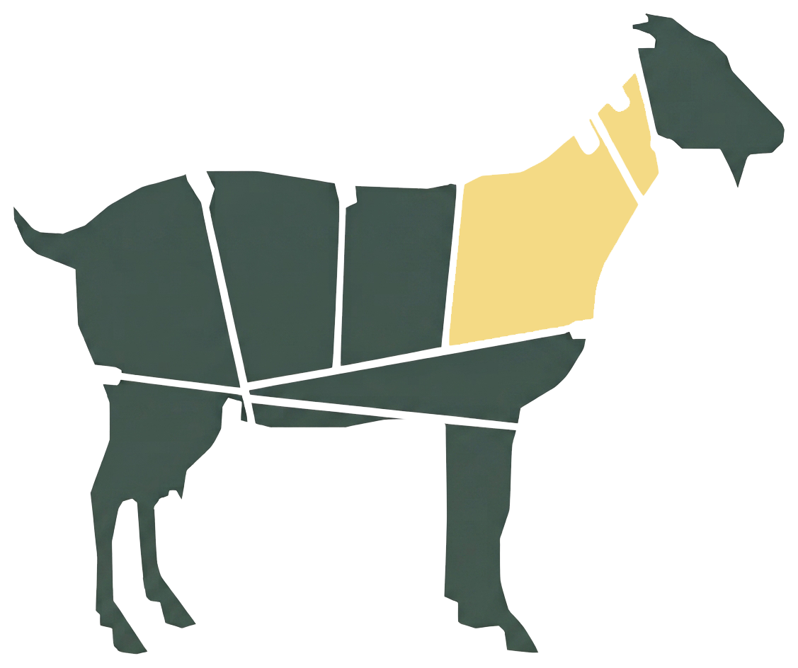 Shoulder primal highlighted on a goat and lamb carcass chart